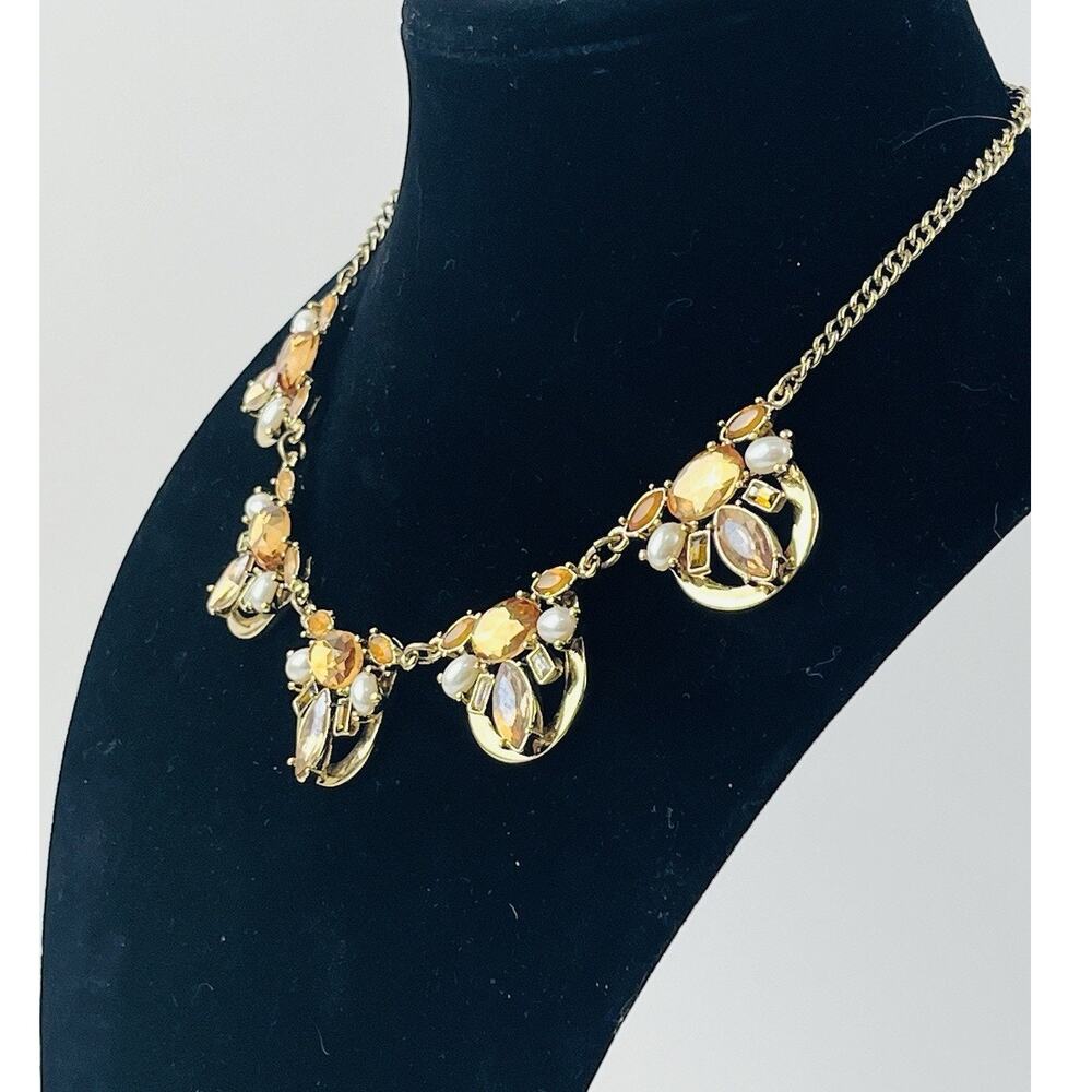 The Limited Chunky Statement Necklace Gold Tone Orange Brown Citrine Faux Pearl